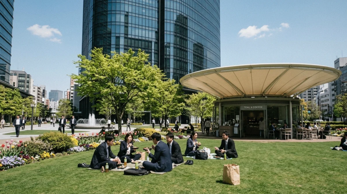 The lawn and planted terraces of Central Green at Azabudai Hills Tokyo, with office workers eating lunch under the trees