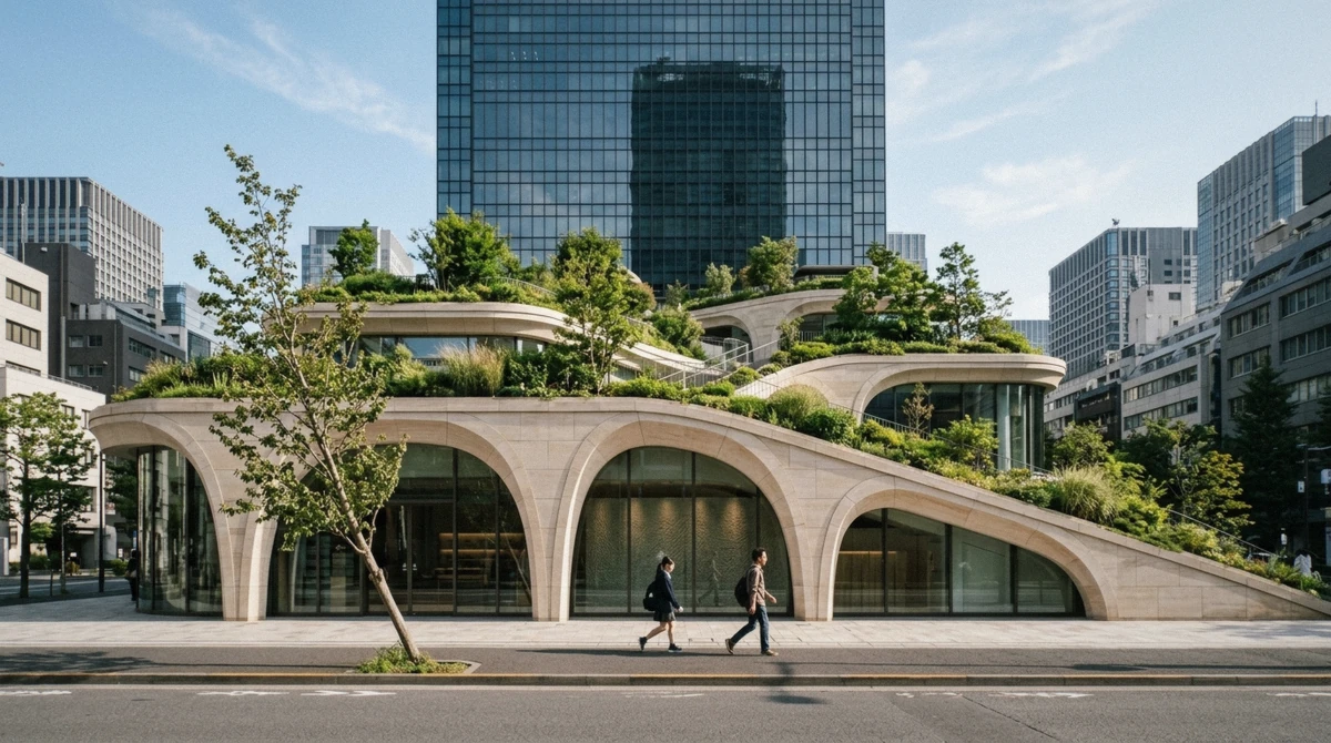 The curving green-roofed low-rise buildings by Heatherwick Studio at Azabudai Hills Tokyo, planted terraces stepping down to a walkway